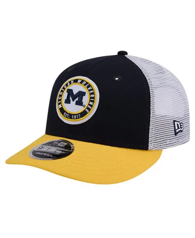 New Era Navy Michigan Wolverines Throwback Circle Patch 9fifty Trucker Snapback Hat In Navy