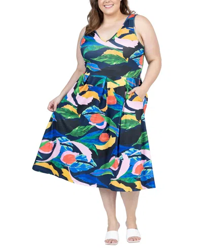 Shop 24seven Comfort Apparel Plus Size Midi Length Sleeveless Pocket Dress In Navy Multi