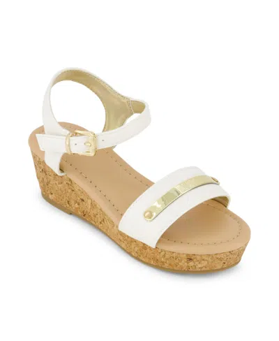 Shop Dkny Little And Big Girls Amber Metal Strap Wedge Sandals In White