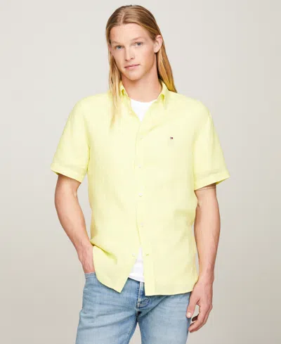 Shop Tommy Hilfiger Men's Regular-fit Linen Short-sleeve Shirt In Blue Spell