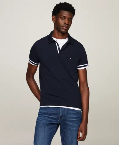 Shop Tommy Hilfiger Men's Slim Fit Monotype Cuff Short Sleeve Polo Shirt In Desert Sky