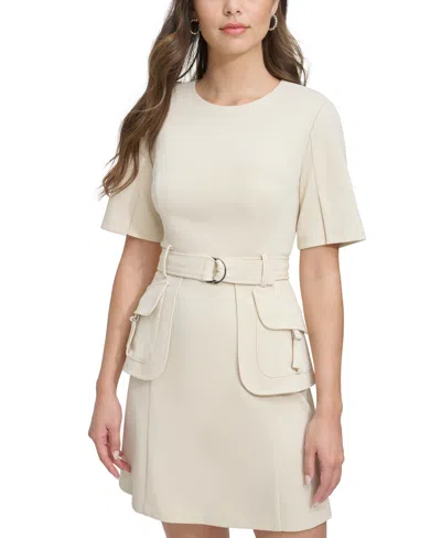 Shop Dkny Women's Short-sleeve Utility Pocket Dress In Elegant Beige