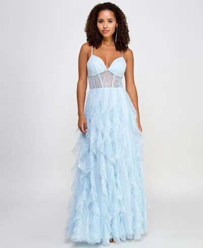 Shop Pear Culture Juniors' Lace Corset Ruffled Gown In Blue