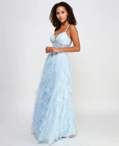 Shop Pear Culture Juniors' Lace Corset Ruffled Gown In Blue