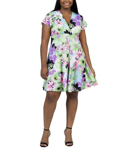 Shop 24seven Comfort Apparel Plus Size V Neck Cap Sleeve Knee Length Dress In Multi
