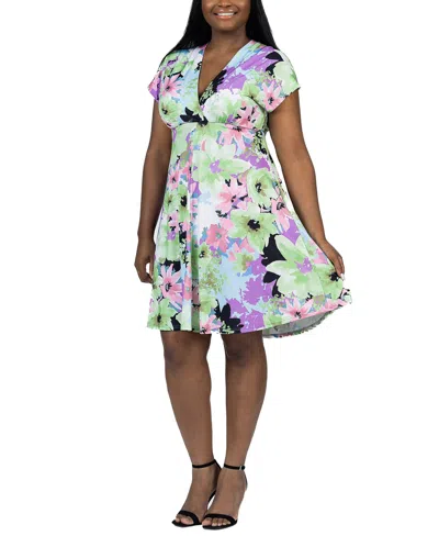 Shop 24seven Comfort Apparel Plus Size V Neck Cap Sleeve Knee Length Dress In Multi