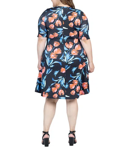 24seven Comfort Apparel Plus Size Elbow Sleeve Knee Length Dress In Coral Multi