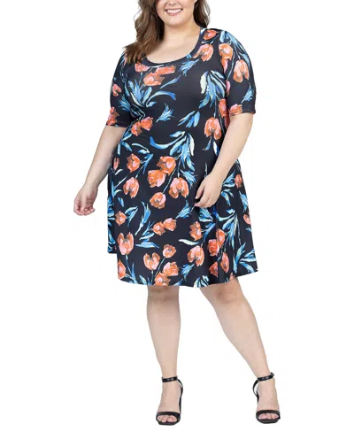 24seven Comfort Apparel Plus Size Elbow Sleeve Knee Length Dress In Coral Multi