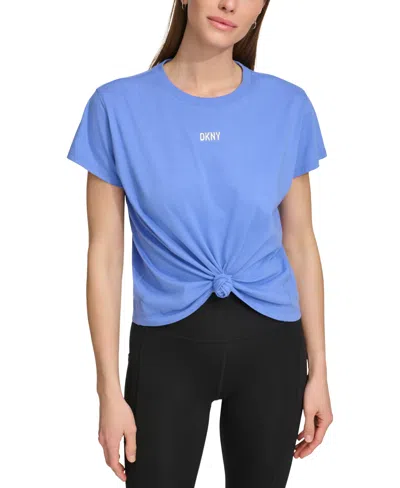 Shop Dkny Sport Women's Knot-front Metallic Logo T-shirt In Amparo Blue