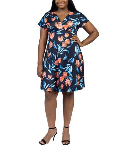 Shop 24seven Comfort Apparel Plus Size V Neck Empire Waist Knee Length Dress In Orange Multi