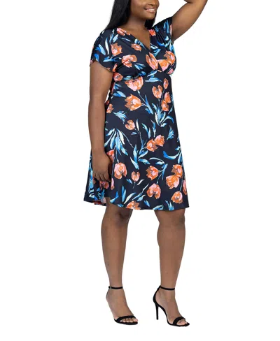 Shop 24seven Comfort Apparel Plus Size V Neck Empire Waist Knee Length Dress In Orange Multi