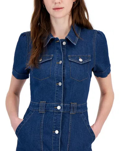 Shop Tinsel Juniors' Button-up Short-sleeve Denim Mini Dress In Palmer Wash