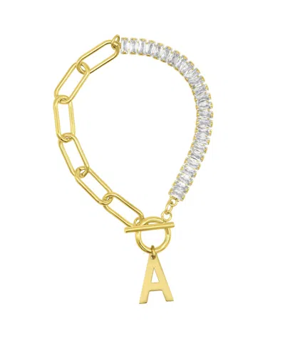 Shop Adornia 14k Gold-plated Half Crystal And Half Paperclip Initial Toggle Bracelet In Gold- A