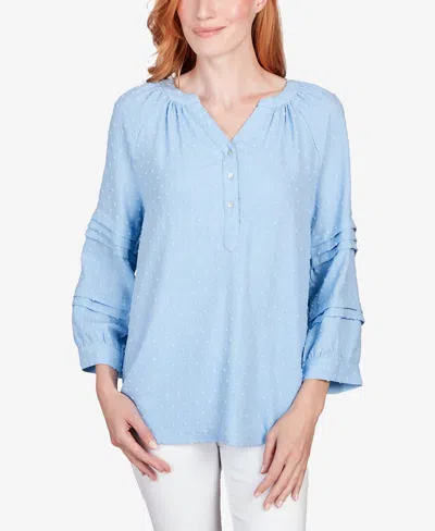 Shop Ruby Rd. Petite Chambray Solid Clip Dot Blouse In Light Chambray