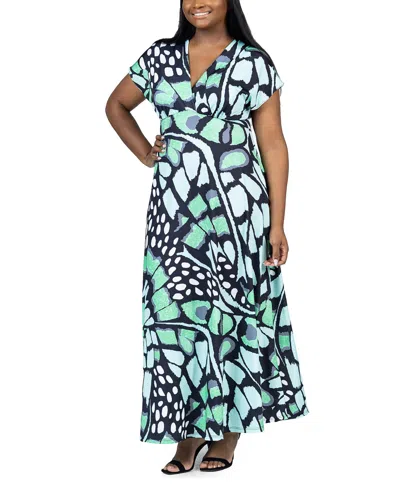Shop 24seven Comfort Apparel Plus Size Oversized Cap Sleeve Maxi Dress In Green Multi