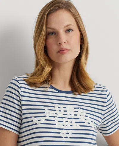 Shop Lauren Ralph Lauren Women's Striped Embroidered Logo Tee In White
