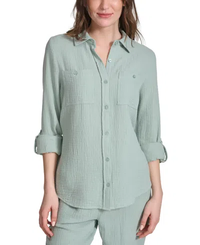 Shop Calvin Klein Jeans Est.1978 Women's Double-crepe Button-down Roll-tab-sleeve Shirt In Jasper