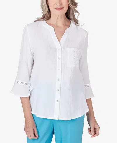 Shop Alfred Dunner Petite Summer Breeze V-neck Button Down Gauze Top In White