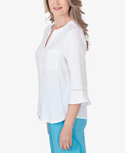 Shop Alfred Dunner Petite Summer Breeze V-neck Button Down Gauze Top In White