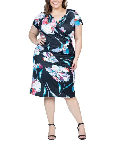 Shop 24seven Comfort Apparel Plus Size Knee Length Short Sleeve Wrap Dress In Pink Multi