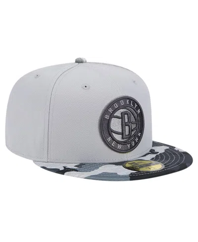New Era Gray Brooklyn Nets Active Color Camo Visor 59fifty Fitted Hat In Gray