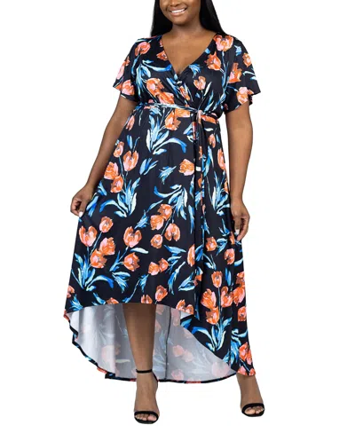 Shop 24seven Comfort Apparel Plus Size V Neck Belted High Low Faux Wrap Dress In Orange Multi