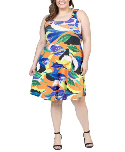 Shop 24seven Comfort Apparel Plus Size Sleeveless Knee Length Tank Dress In Orange Multi