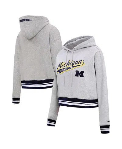 Pro Standard Heather Gray Michigan Wolverines Script Tail Fleece Cropped Pullover Hoodie In Heather Gray