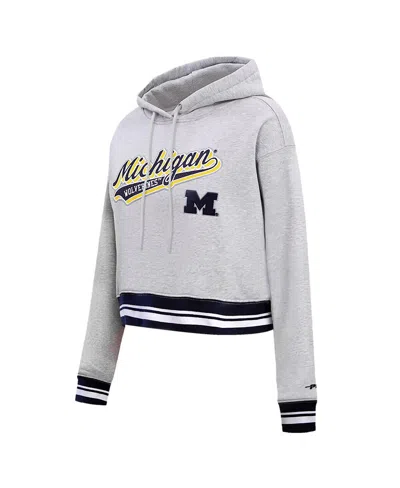 Pro Standard Heather Gray Michigan Wolverines Script Tail Fleece Cropped Pullover Hoodie In Heather Gray