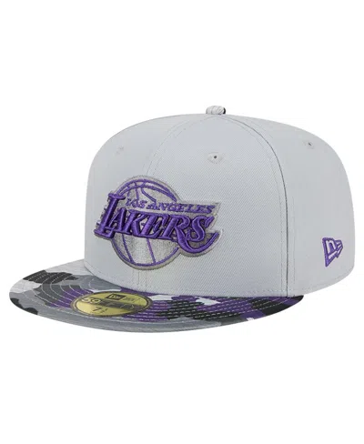 New Era Gray Los Angeles Lakers Active Color Camo Visor 59fifty Fitted Hat In Gray