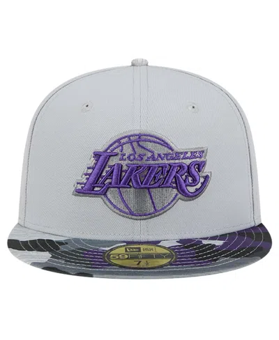 New Era Gray Los Angeles Lakers Active Color Camo Visor 59fifty Fitted Hat In Gray