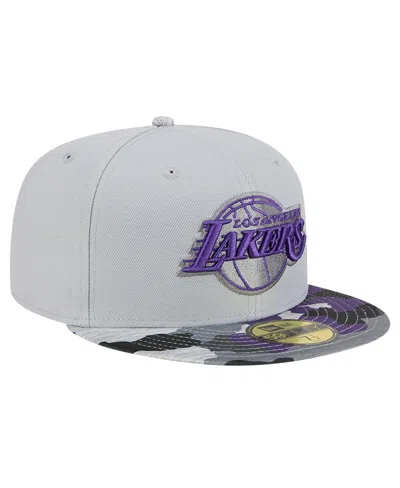 New Era Gray Los Angeles Lakers Active Color Camo Visor 59fifty Fitted Hat In Gray