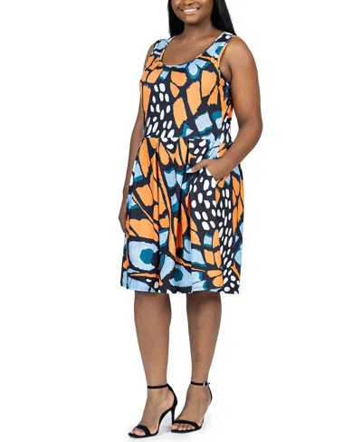Shop 24seven Comfort Apparel Plus Size Sleeveless Pocket Dress In Orange Multi