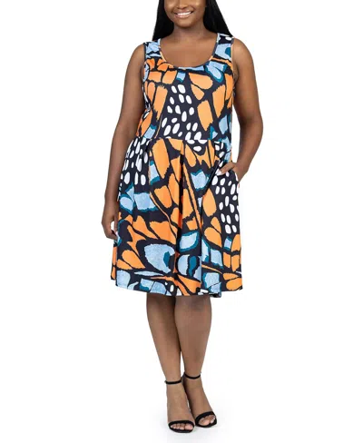 Shop 24seven Comfort Apparel Plus Size Sleeveless Pocket Dress In Orange Multi