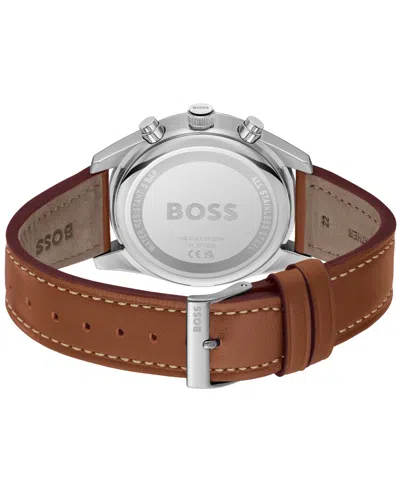 Hugo Boss Men's Skytraveller Quartz Fashion Chrono Brown Leather Watch 44mm In Brown Leather