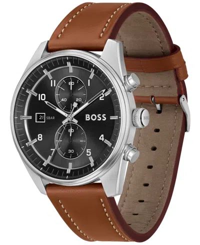 Hugo Boss Men's Skytraveller Quartz Fashion Chrono Brown Leather Watch 44mm In Brown Leather