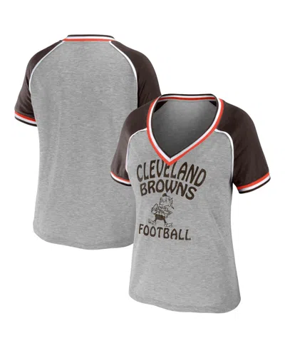 Shop Wear By Erin Andrews Women's  Heather Gray Distressed Cleveland Browns Cropped Raglan Throwback V-nec