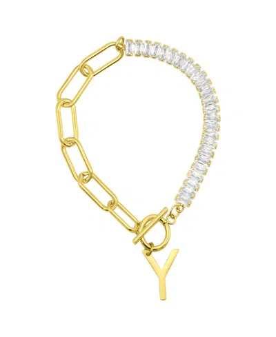 Shop Adornia 14k Gold-plated Half Crystal And Half Paperclip Initial Toggle Bracelet In Gold- Y