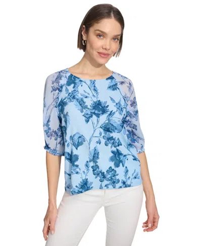 Shop Calvin Klein Women's Printed Chiffon Sleeve Top In Breeze Multi