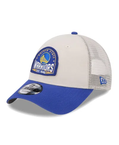 New Era Men's  Khaki, Royal Golden State Warriors Throwback Patch Trucker 9forty Adjustable Hat In Khaki,royal