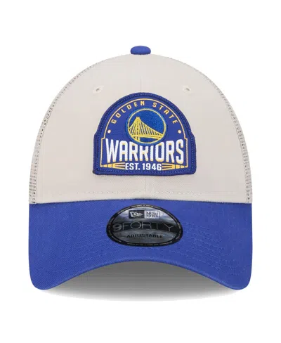 New Era Men's  Khaki, Royal Golden State Warriors Throwback Patch Trucker 9forty Adjustable Hat In Khaki,royal