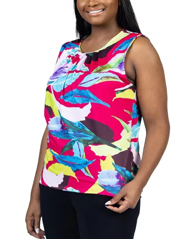 Shop 24seven Comfort Apparel Plus Size Pleated Crew Neck Sleeveless Top In Red Multi