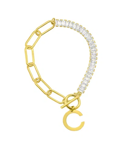 Shop Adornia 14k Gold-plated Half Crystal And Half Paperclip Initial Toggle Bracelet In Gold- C