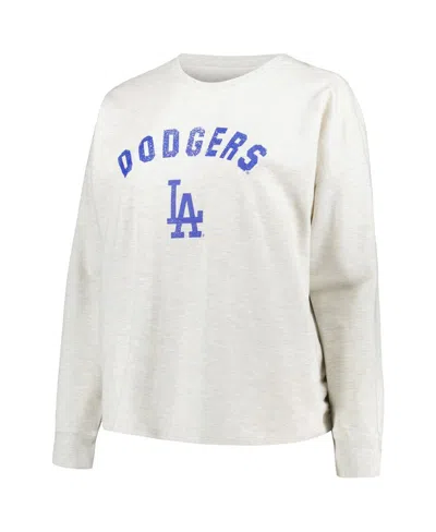 Shop Profile Women's  Oatmeal Distressed Los Angeles Dodgers Plus Size French Terry Pullover Sweatshirt