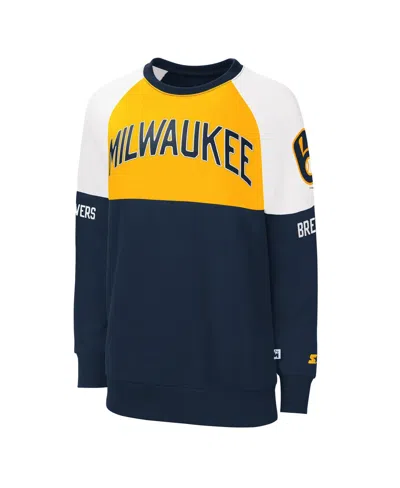 Shop Starter Women's  Navy, Gold Milwaukee Brewers Baseline Raglan Pullover Sweatshirt In Navy,gold