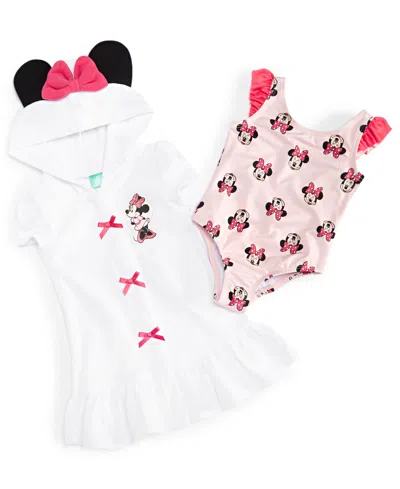 Shop Disney Baby Minnie Mouse 2-pc. Printed One-piece Swimsuit & Hooded Swim Cover-up Set In White