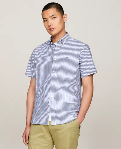 Shop Tommy Hilfiger Men's Regular-fit Candy Stripe Linen Shirt In Anchor Blue,optic White