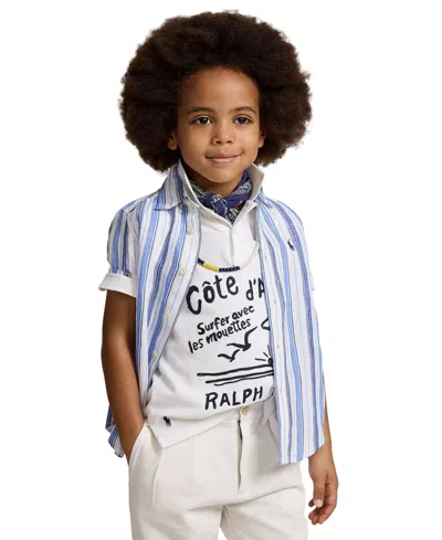 Shop Polo Ralph Lauren Toddler And Little Boys Striped Linen Short-sleeve Shirt In White Blue Multi