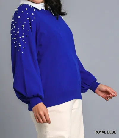 Umgee Round Neck Pullover Sweater With Long Sleeve Pearl Details In Blue In Blue