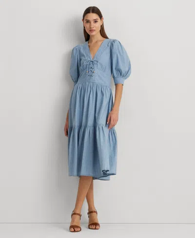 Shop Lauren Ralph Lauren Women's Cotton Puff-sleeve Chambray Dress